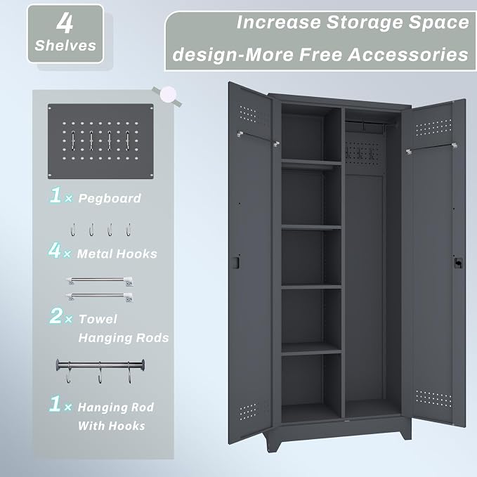 IRONFFICE Lockable Storage Cabinet,Metal Garage Storage Cabinets with Doors,Steel Utility Closet Cabinet with Adjustable Shelves,Locking Cabinet for Home,Garage,Gray