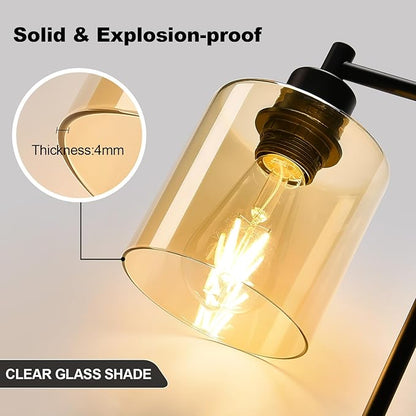 Set of 2 Industrial Touch Control Table Lamps with 2 USB Ports and AC Outlet - 3-Way Dimmable Black Bedside Lamp Nightstand Desk Lamps for Bedroom Living Room, Amber Glass Shade & 2 LED Bulbs Included