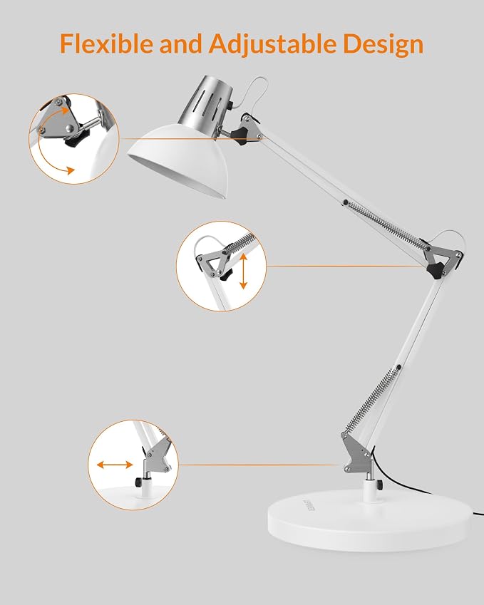 LEPOWER Metal Desk Lamp, Adjustable Goose Neck Architect Table Lamp with On/Off Switch, Swing Arm Desk Lamp with Clamp, Eye-Caring Reading Lamp for Bedroom, Study Room &Office (White)
