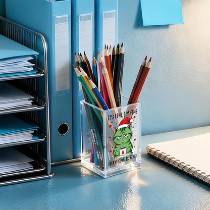 It's Fine I'm Fine Everything Is Acrylic Makeup Brush Pencil Holder Cup, Funny Cat Pen Holder Gifts For Friends HR Nurse, Christmas Office Gifts for Women Coworker, Pencil Cup for Desk