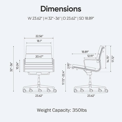 Genuine Leather Office Chair, Padded Mid Back Ergonomic Executive Desk Chair with Aluminum Arm Rest and Base, Swivel Wheels with Lumbar Support & Tilting Function, Hight Adjustable Light Brown