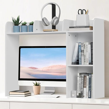 Desk Hutch Dorm White, 3-Tire Wood Desk Shelf Storage Organizer for Office Home
