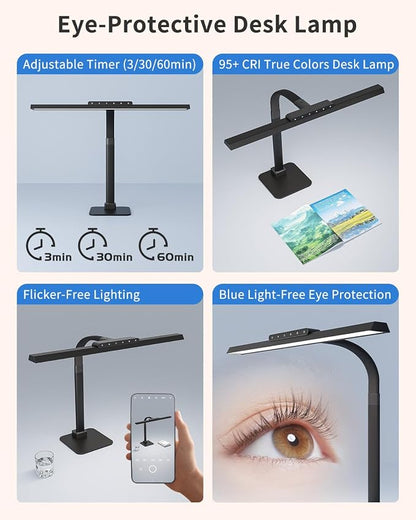 24W LED Desk Lamp, 112 High-Bright Eye-Caring Architect Light, 3000K-6000K Stepless Dimmable Touch Control, Weighted Metal Base, Auto-Dimming & Memory Function for Home Office, Reading, Gaming, Black