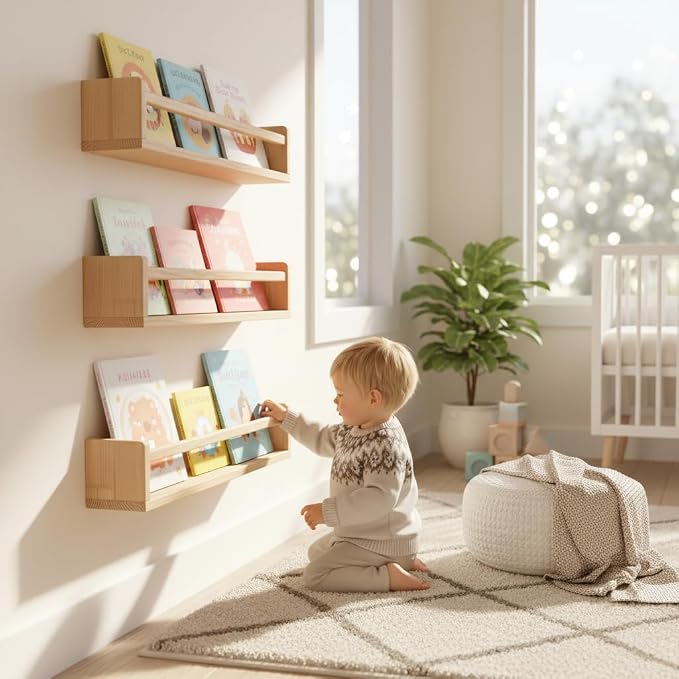 AZSKY 24 Inch Natural Pine Wood Floating Shelves, Nursery Book Shelves for Kids, Wall Mounted Bookshelves for Playroom Decor Set of 3, Bookshelf with Anti-tip Bar for Bedroom Living Room(Paintable)