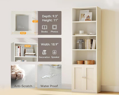 Casaottima Bookshelf and Bookcase with Doors, Floor Standing 6-Tier Shelf Display Storage Shelves, Tall Bookcases for Home Office, Living Room, White
