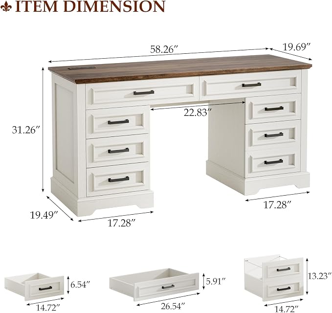 58" Executive Desk with 7 Drawers, Large Computer Desk with Charging Station , Wood Home Office Desk with File Drawer for Letter/A4 Size Hanging Files for Home Office, Rustic White and Rustic Brown