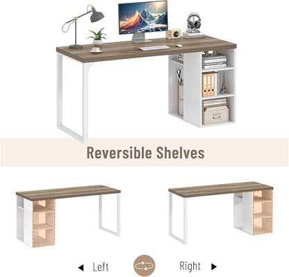 EXCEFUR Modern Computer Desk for Home Office, PC Gaming Desk with Reversible Storage Shelves, Study Writing Table Workstations for Living Room, 53 Inch, Rustic Oak and White
