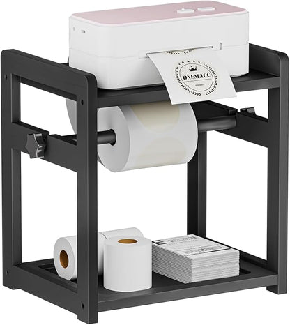 Label Holder for Rolls and Fanfold Labels, Wooden Thermal Sticker Label Printer Holder for Desktop, Sticker Roll Holder for Home Office Small Business Essentials, Black