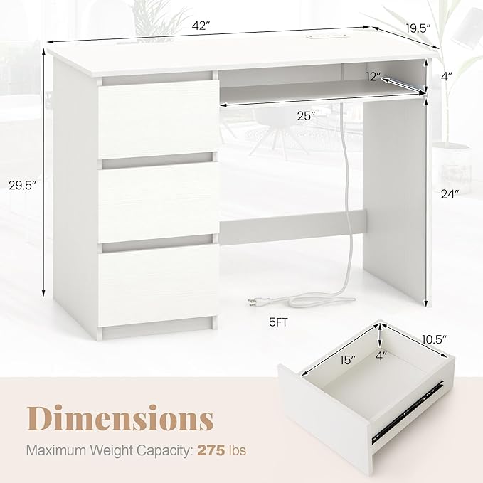 Giantex White Desk with Drawers, Modern Computer Desk with Charging Station & Keyboard Tray, Laptop PC Computer Workstation, Study Writing Desk for Bedroom