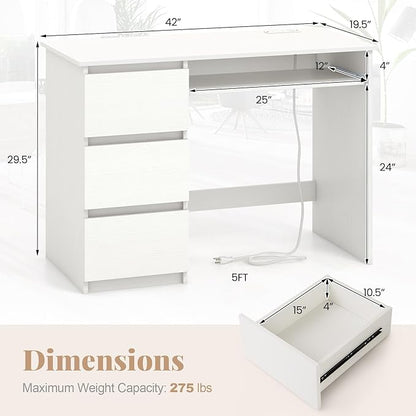 Giantex White Desk with Drawers, Modern Computer Desk with Charging Station & Keyboard Tray, Laptop PC Computer Workstation, Study Writing Desk for Bedroom