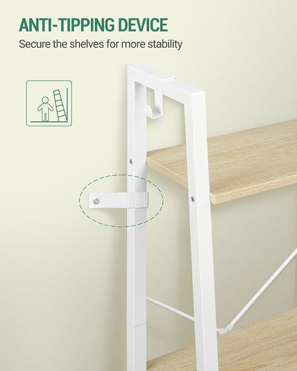 Hzuaneri Ladder Shelf, Bookshelf Bookcase, Freestanding Corner Storage Shelve with 2 Hooks for Home Office, Living Room, Kitchen, Bedroom, Industrial, 11.8" D x 13.4" W x 47.2" H, White Oak and White