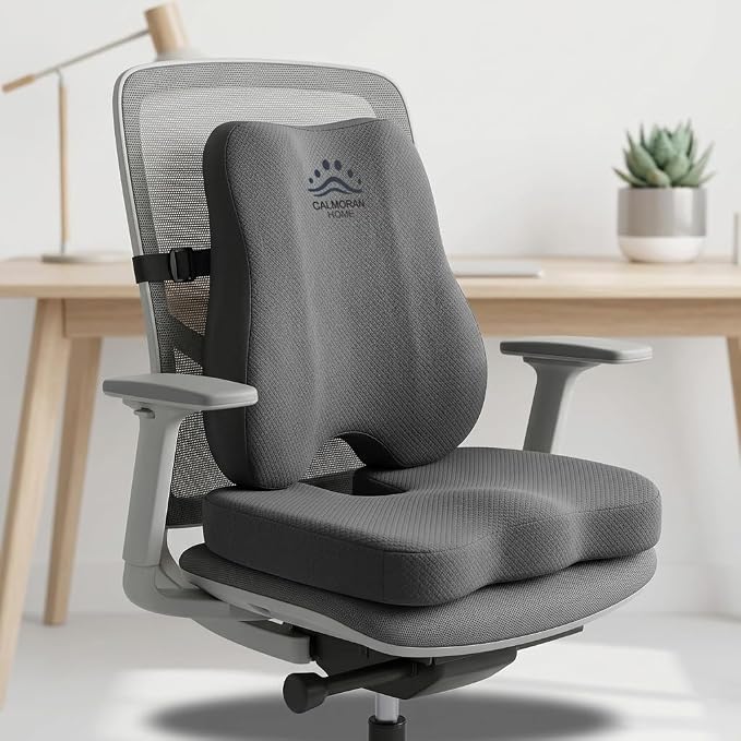 Lumbar Support Pillow & Seat Cushion for Office Chairs with Adjustable Strap, Memory Foam Back Support for Office Desk Chair Cushion, Chair Seat Cushions for Car, Travel and Wheelchair (Grey)