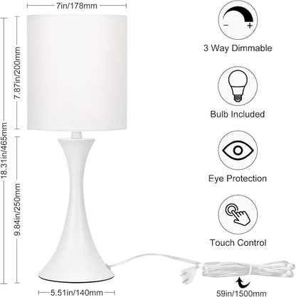 Modern Table Lamps, 3 Way Touch Control Table Lamp, Dimmable Desk Lamp, White Nightstand Lamp with Fabric Shade, Small Bedside Lamp for Living Room, Dorm,Home Office, LED Bulb Included