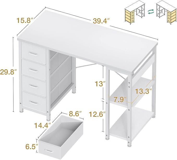 ODK 40 Inch Small White Computer Desk with 4 Fabric Drawers, Modern Office Desk for Home Office Gaming with Storage Shelves Study, White