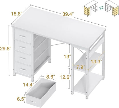 ODK 40 Inch Small White Computer Desk with 4 Fabric Drawers, Modern Office Desk for Home Office Gaming with Storage Shelves Study, White