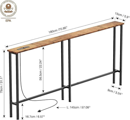Keelian 70" Narrow Console Sofa Table - Power Outlets & 2 USB Ports, Metal Frame, Rustic Brown, Perfect for Hallway, Office, and Behind Sofa - Easy Assembly, 4.9' Extension Cord Included