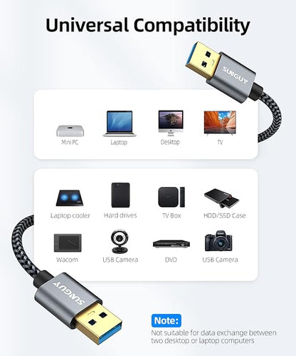SUNGUY USB 3.0 Cable, 1.5FT USB Type A Male to Type A Male, Transfer Rate Up to 5Gbps Cable Compatible with Printers, Modems, Hard Drives, Cameras, HDD, DVD, Laptops, etc.