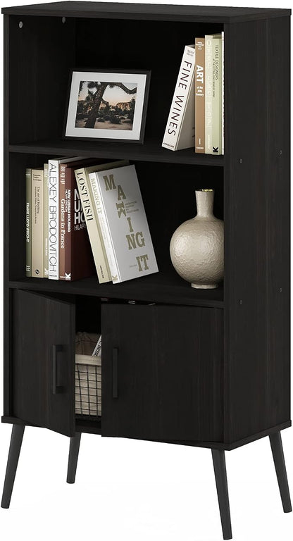 Furinno Claude Mid Century Style Accent Wooden Leg Bookcase Cabinet with Storage Organizer Shelves, Espresso