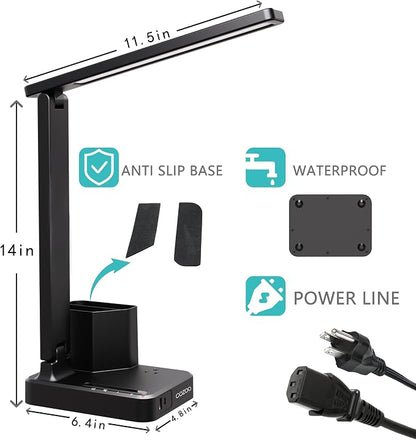 cozoo LED Desk Lamps for Home Office, Modern Dimmable Eye Cariing Desk Light with USB Charging Ports AC Outlet, Pen Holder,Touch/Memory/Timer, Kids Small Table Lamp for Reading, Bedroom, Study, Craft