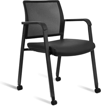 CLATINA Mesh Back Guest Reception Stacking Chair with Wheels, Waiting Room Stackable Chairs with Upholstered Leather Seat & Ergonomic Lumbar Support for Office Conference School Study Lobby, Black