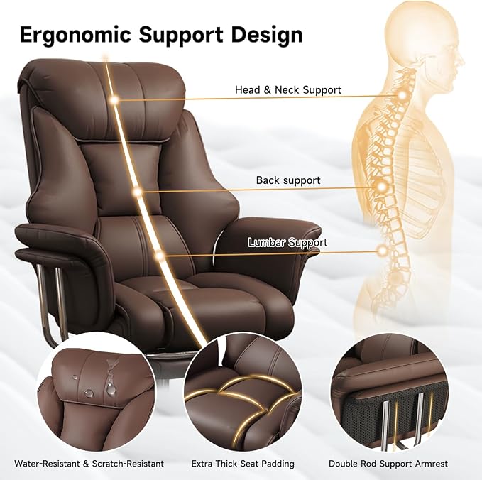 Big and Tall Office Chair 550 lbs Extra Wide Leather Executive Chair with Retractable Footrest, Heavy-Duty Ergonomic Chair, Adjustable Height Computer Gaming Chairs