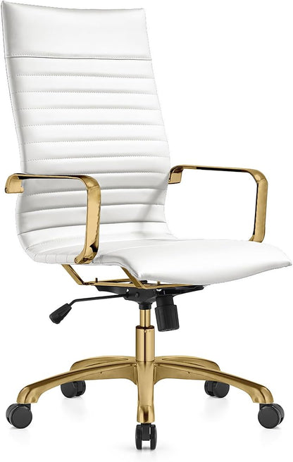 LeisureMod Harris High-Back Task Office Chair - Modern Leather Upholstery with Gold Frame, Ribbed Design 360 Degree Adjustable Swivel for Home, Office, and Study Room