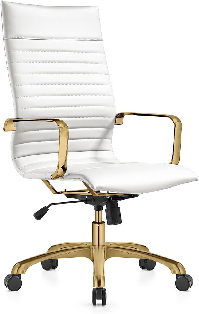 LeisureMod Harris High-Back Task Office Chair - Modern Leather Upholstery with Gold Frame, Ribbed Design 360 Degree Adjustable Swivel for Home, Office, and Study Room