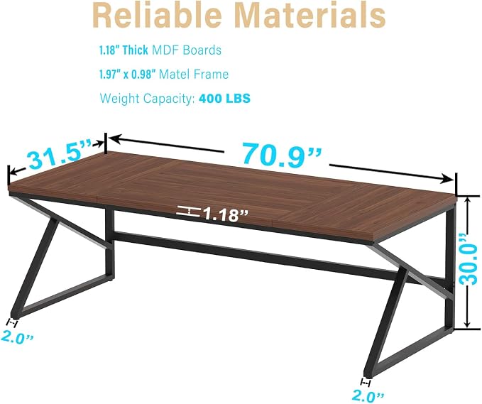 HSH 70 Inch Long Walnut Desk, 2 Person Large Work Desk for Home Office, Rustic Wood and Metal Executive Writing Study Gaming Computer Table, Modern Bedroom Living Room PC Laptop Dual Monitor Table