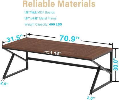 HSH 70 Inch Long Walnut Desk, 2 Person Large Work Desk for Home Office, Rustic Wood and Metal Executive Writing Study Gaming Computer Table, Modern Bedroom Living Room PC Laptop Dual Monitor Table