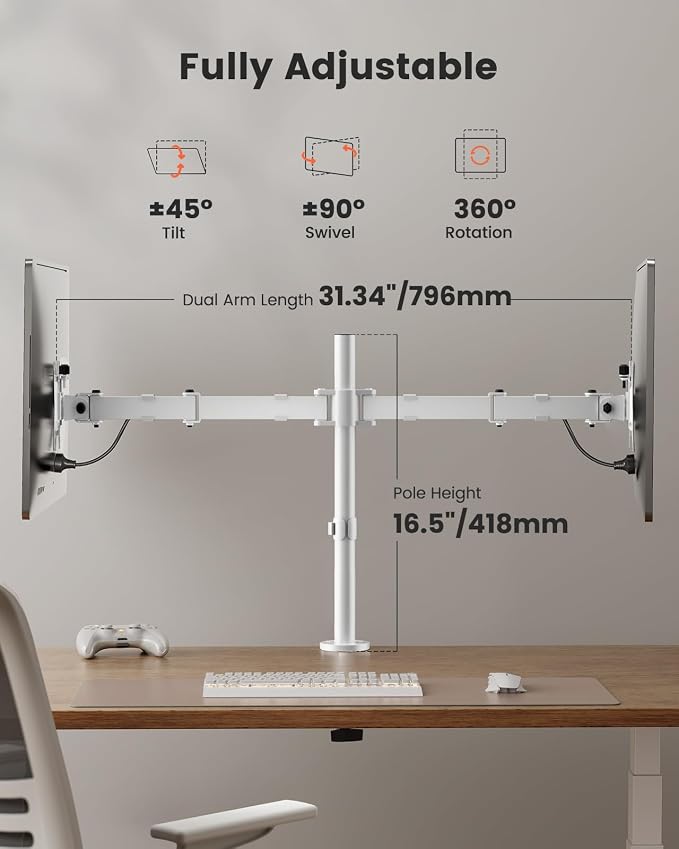 ErGear Fully Adjustable Dual Monitor Mount for 2 Screens up to 32 Inches, Holds up to 17.6 lbs Each Arm, Desk Stand, White