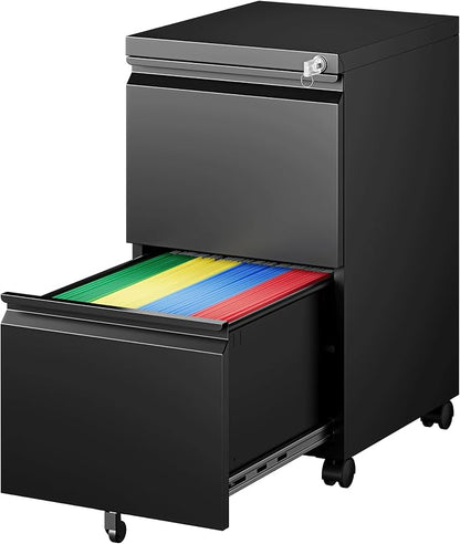PEUKC 2 Drawers Mobile File Cabinet with Lock, Under Desk Rolling File Cabinet for Home Office, Organizes Letter Legal A4 Files, Black(Pre-Assembled)