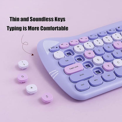 Cute Cat 2.4G USB Wireless Keyboard and Mouse Combo, Silent Keys, Candy Colors, Compatible with Notebook, PC (Purple-84Keys)