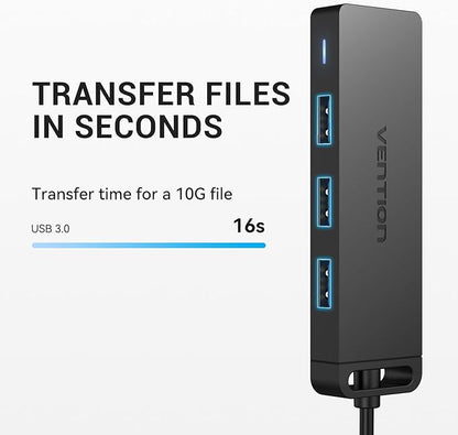 VENTION USB 3.0 Hub for Laptop- Multi USB Port Splitter, Ultra-Slim USB Extender Adapter, 4 Ports Fast Data Transfer for Laptop, MacBook, Printer, PS4, PC, Flash Drive, HDD, Wireless Mouse/Keyboard