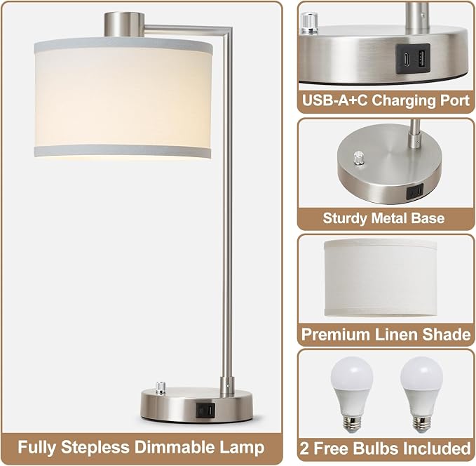 Luvkczc Table Lamps for Living Room with USB C+A Ports - Fully Stepless Dimmable Bedsides Lamp with Linen Lampshade, Lamps for Night Stands Bedroom Reading Office, 2 LED Bulbs Included (Silver)