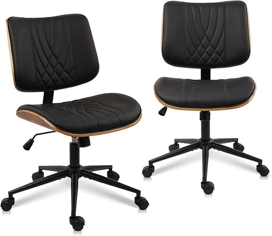 CLATINA Armless Home Office Chair, Desk Chair with Wheels, Adjustable Height Reading Chair, Leather Mid Back & Swivel Computer Chair, Modern Walnut Chairs with Back for Study Meeting Room(Black) 2Pack
