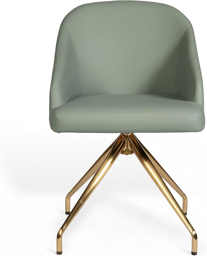 Martha Stewart Sora Stationary Swivel Task Chair with Sloped Arms for Home Office in Sage Faux Leather with Polished Brass Frame