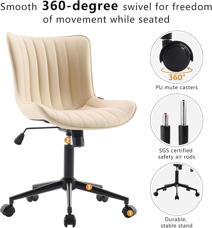 YOUNIKE Ergonomic Home Office Desk Chair with Wheels Comfy Armless Vanity Chair with Adjustable Back Modern Leather Upholstered Swivel Computer Chair Small Cute Rolling Task Chair for Women Beige