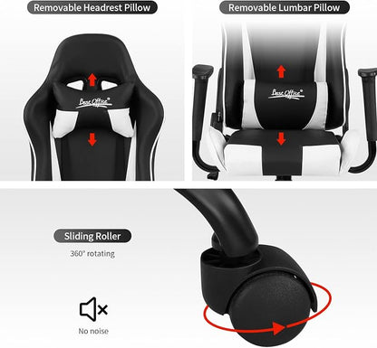 BestOffice Gaming Chair Desk Chair Ergonomic High Computer Chair with Adjustable Lumbar Support, Armrests, and Racing-Inspired Design for Office and Home Use (White)