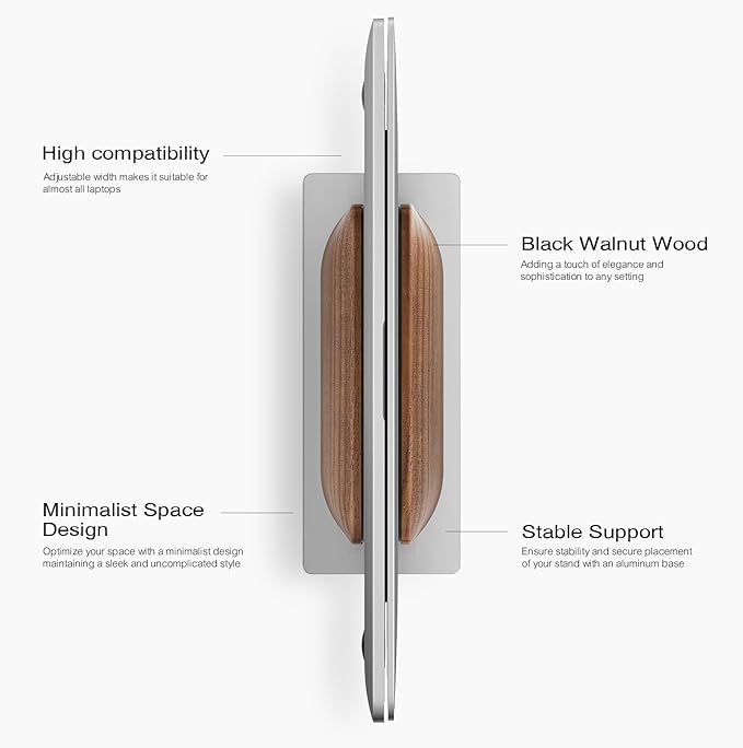 UPERGO Vertical Laptop Stand for Desk, Laptop Holder to Dock MacBook, MacBook Pro and Other Laptops, Black Walnut Wood | Solid Black Walnut Wood & Aluminum, Adjustable 0.79"–1.42", Scratch-Resistant Pads, Anti-Slip Base, Natural Wood Grain