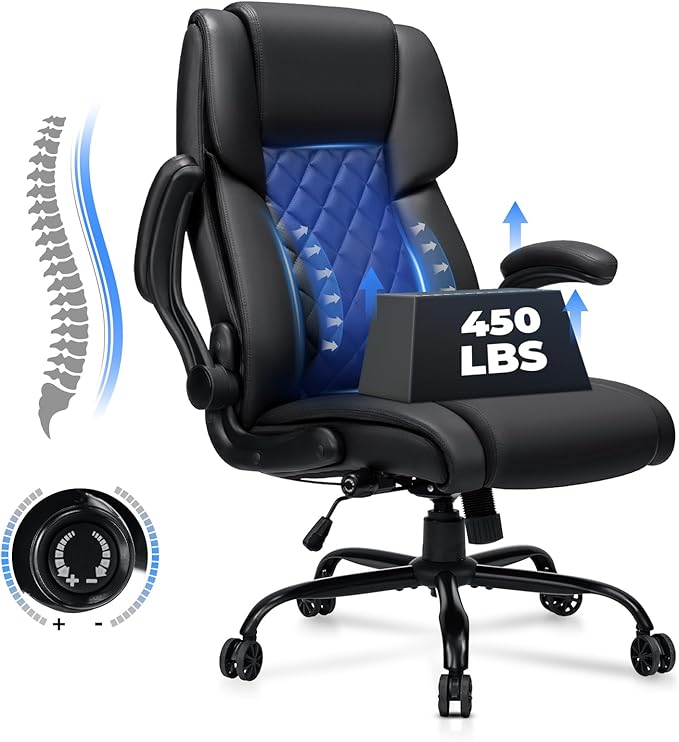 Big and Tall Office Chair 450lbs Heavy Duty Ergonomic Executive Desk Chair with Adjustable Lumbar Support High Back Home Computer Leather Chair with Padded Flip-up Arms for Heavy People Black