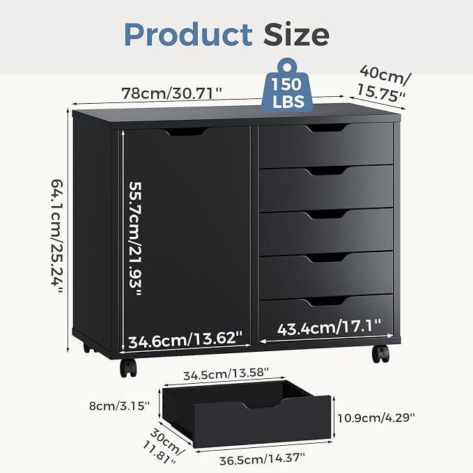 DUMOS 5-Drawer Office Storage File Cabinet Organizer with Wheels, Black | Under Desk Cabinets with Shelves and Door Printer Stand with Wood Board Metal Frame for Home Office Storage Craft Room