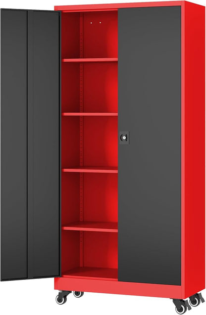 Fesbos Metal Rolling Storage Cabinet-74.6” Tall Steel File Cabinets with Wheels Lockable Doors and Adjustable Shelves-Black & Red Steel Storage Cabinet for Home, School, Office, Garage