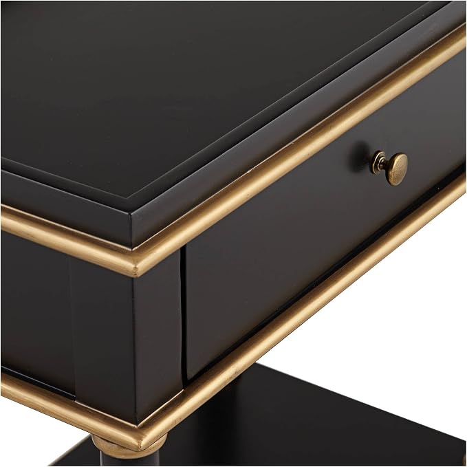 Cason Modern Glam Luxe Wood Rectangular Accent Side End Table 15" x 24" with Drawer and Shelf Black Gold Trim Handle for Living Room Bedroom Bedside Entryway Home House Office