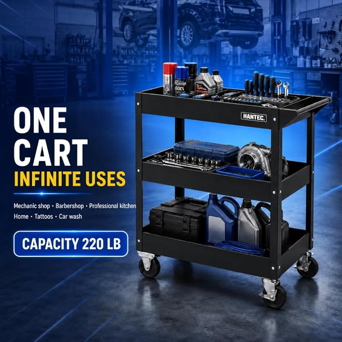 Hantec 3-Tier Rolling Mechanic Tool Cart – Heavy-Duty Steel Service Cart on Wheels with 360° Swivel Lockable Casters & Ergonomic Handle, 220 LBS Capacity, 31.9" L x 15" W x 30.7" H, Tool Organizer