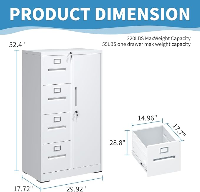 4 Drawer File Cabinet with Shelves and Hanging Rod, Metal Filing Cabinet with Lock for Home Office, File Storage Drawers for Legal/Letter Size Folders, Assembly Required (White)