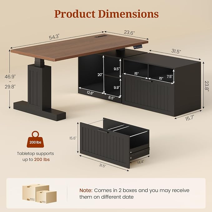 Farmhouse L Shaped Standing Desk with Lateral File Cabinet, 55.1" X 54.3" Electric Executive Desk Adjustable Height with Power Outlets, Shelves, Sit Stand Corner Computer Desk for Home Office, Black