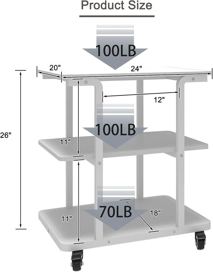 Natwind Printer Stand, 24''x20''x26'' Large Printer Table with Storage Shelf, 3 Tier Rolling Printer Cart with Wheels,Multifunctional Shelves for Home Office（White）