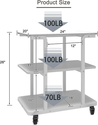 Natwind Printer Stand, 24''x20''x26'' Large Printer Table with Storage Shelf, 3 Tier Rolling Printer Cart with Wheels,Multifunctional Shelves for Home Office（White）