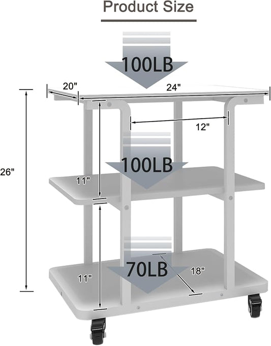Natwind Printer Stand, 24''x20''x26'' Large Printer Table with Storage Shelf, 3 Tier Rolling Printer Cart with Wheels,Multifunctional Shelves for Home Office（White）