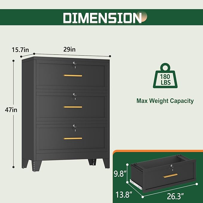 erosoei 3 Drawer File Cabinet with Lock, Metal Lateral File Cabinets for Home Office, Steel Wide Filing Organization Storage Cabinets, Home Office Furniture for Hanging Files Letter/Legal/F4/A4 Size.
